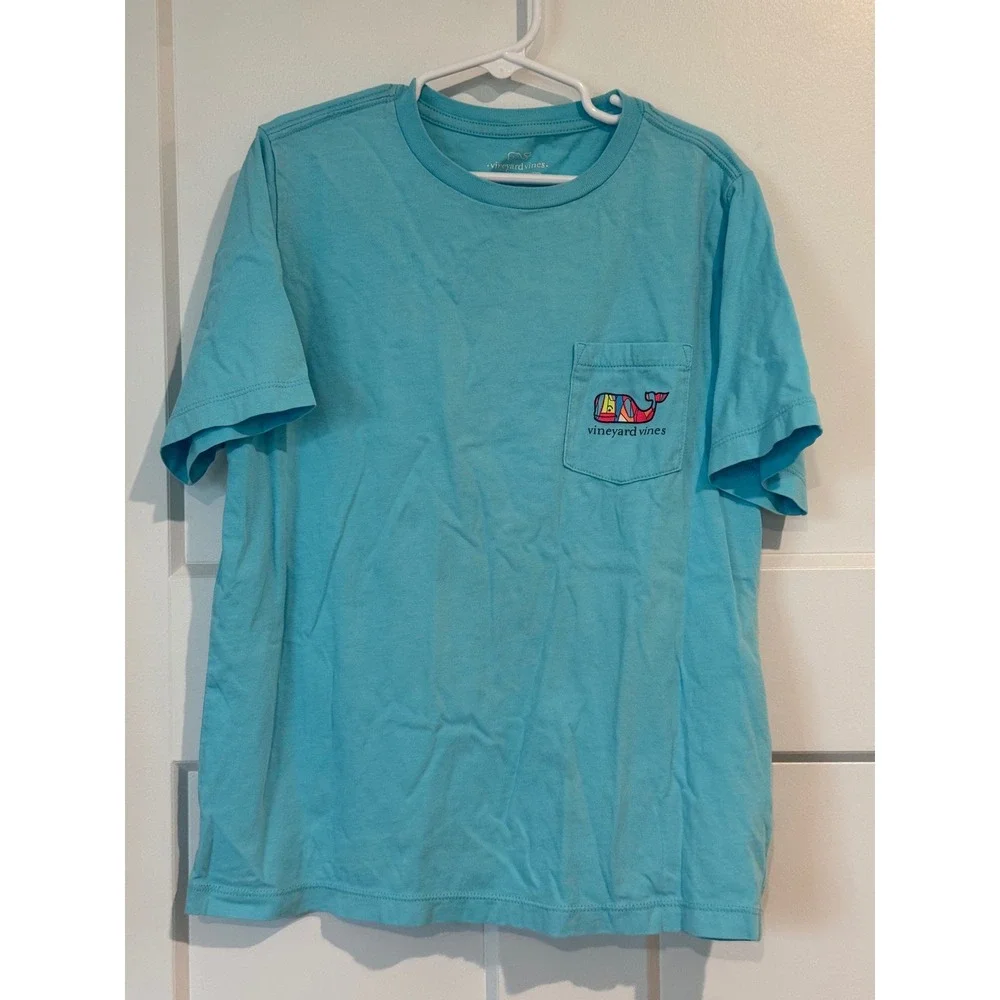 Vineyard Vines Boys Turquoise Blue Geometric Whale Pocket T-Shirt Size S 8-10